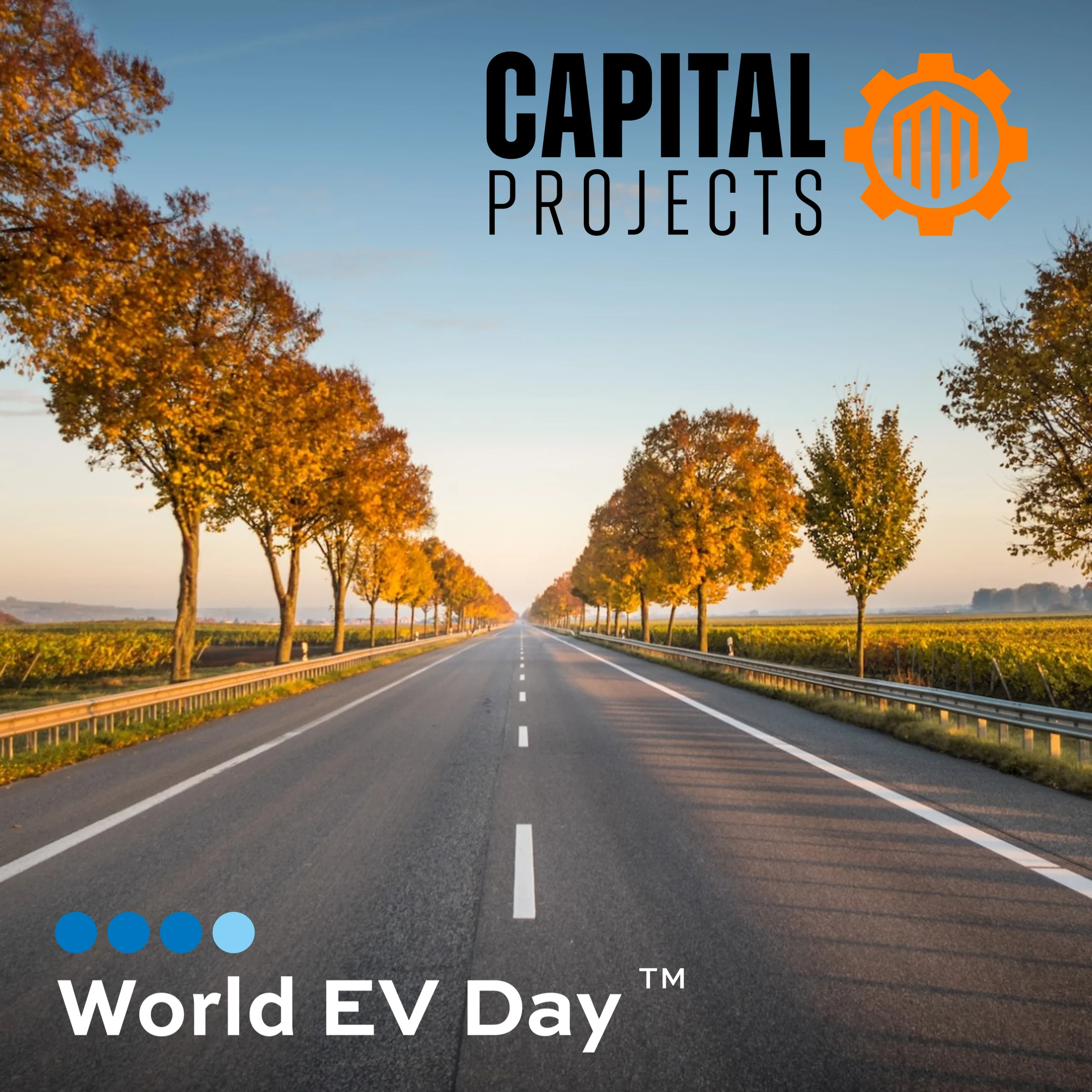 World EV Day graphic over a tree-lined road