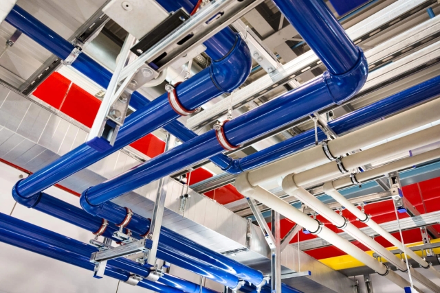 Blue and white service pipework installed overhead